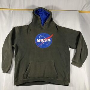 NASA Hoodie Sweatshirt Mens Large Black Blue Logo Pullover Embroidered Patch